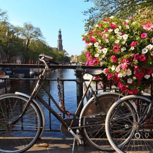 Amsterdam mit Fahrrädern und Blumen vor einem Kanal