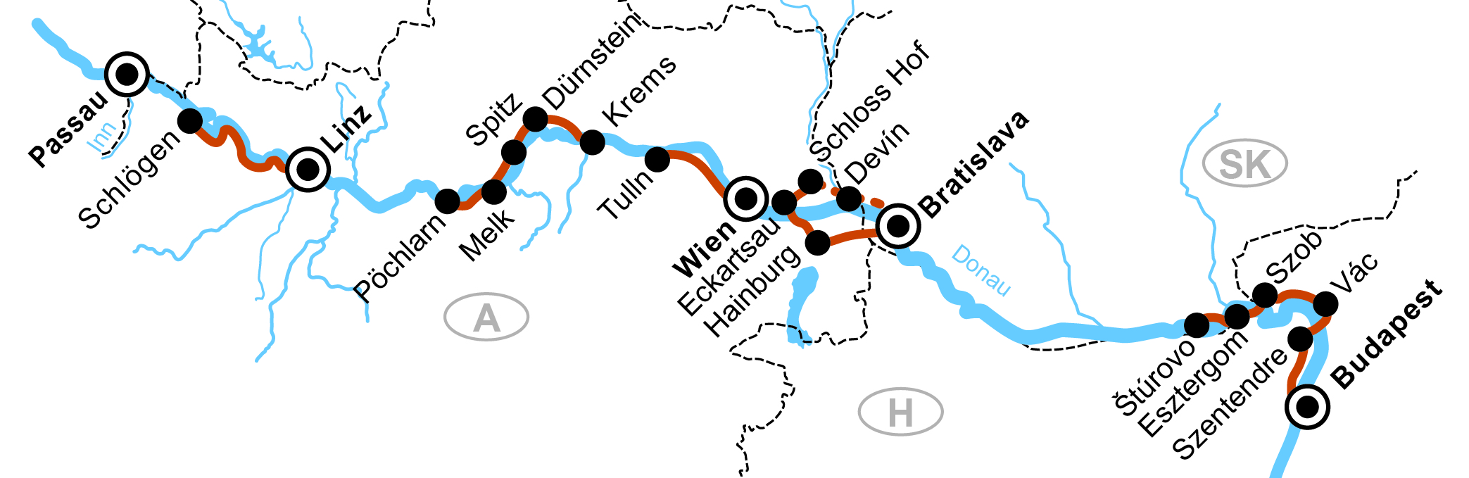 Skizze von der Rad-Route von Passau nach Budapest