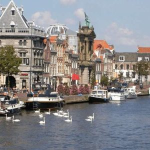 Die Häuser von Haarlem mit Kanälen, Booten und Schwänen